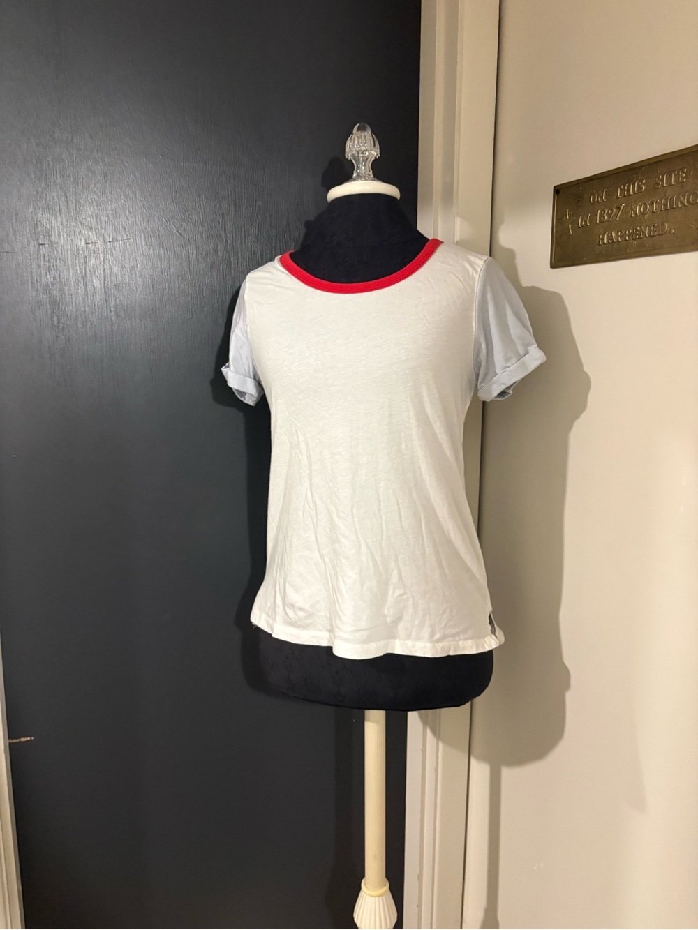 Anthropologie T.La White 100% Cotton Short Sleeve Ringer Tee with Red Neckline